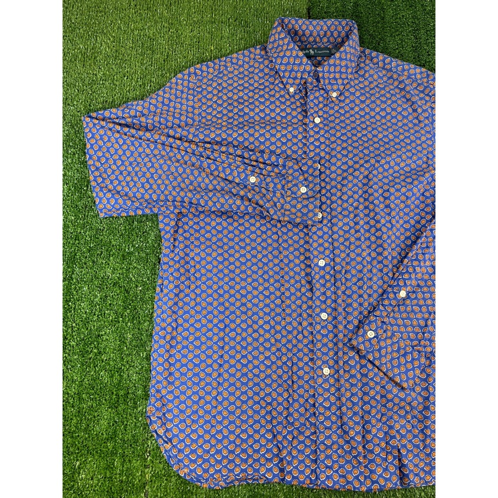 Ralph Lauren Mens Large Blue Orange Geometric Floral Button Down Shirt Cotton LG